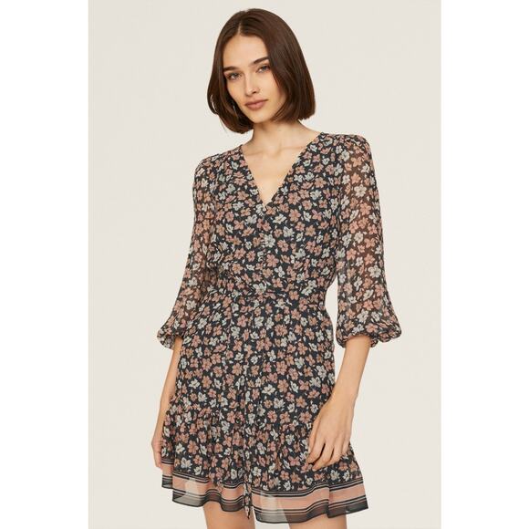 Club Monaco Silk Black Floral Print V-Neck Blouson Long Sleeve Mini Dress Sz 12 - Picture 2 of 16